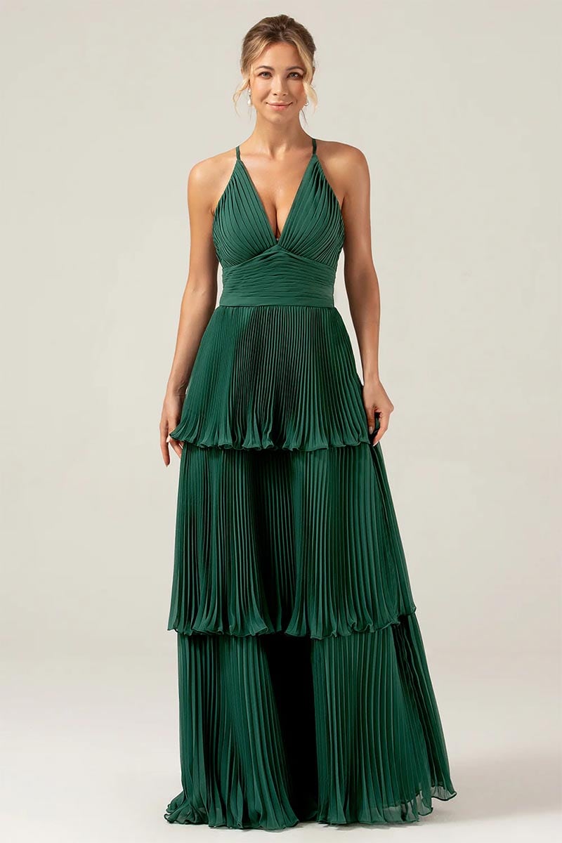 Caterina Pleated Tiered Maxi Dress | Jewelclues #color_emerald green
