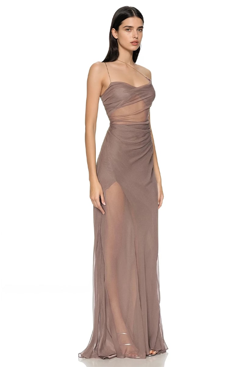 Celestia Strappy Chiffon Gown | Jewelclues #color_mocha
