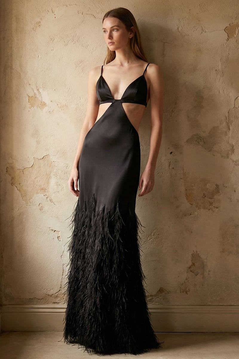 Chantilly Ostrich Feather Gown | Jewelclues | #color_black