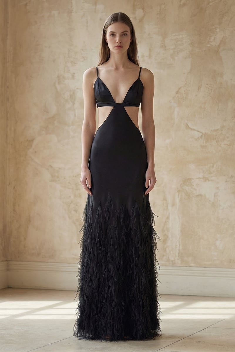 Chantilly Ostrich Feather Gown | Jewelclues | #color_black