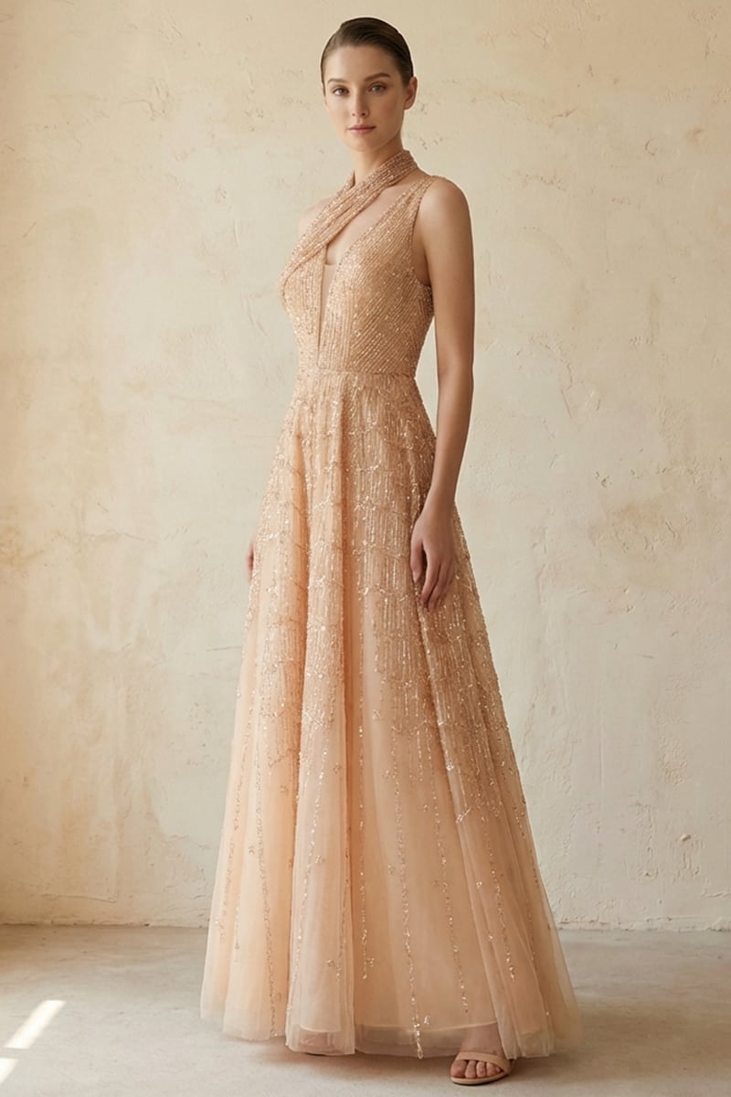 Colette Beaded Embellished Gown | JewelClues #color_champagne