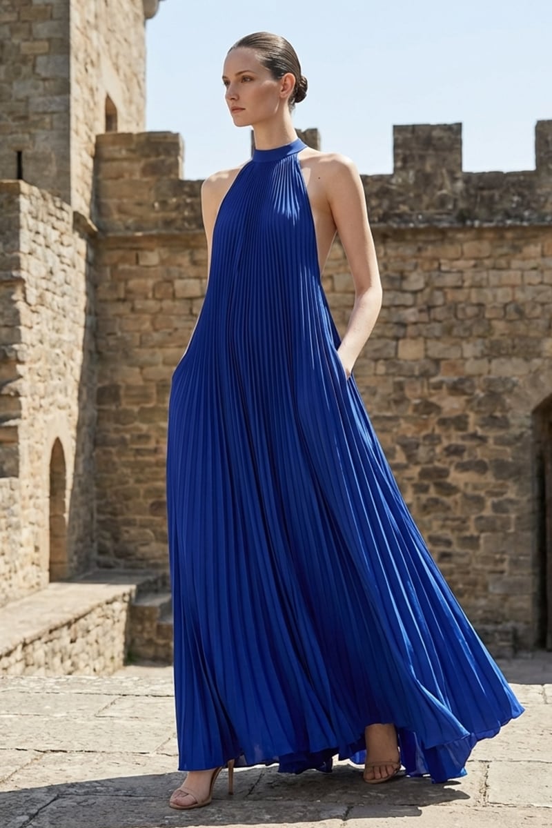 Cyane Pleated Halter Maxi Dress | JewelClues