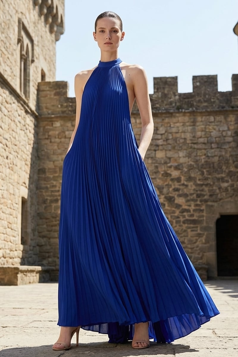 Cyane Pleated Halter Maxi Dress | JewelClues