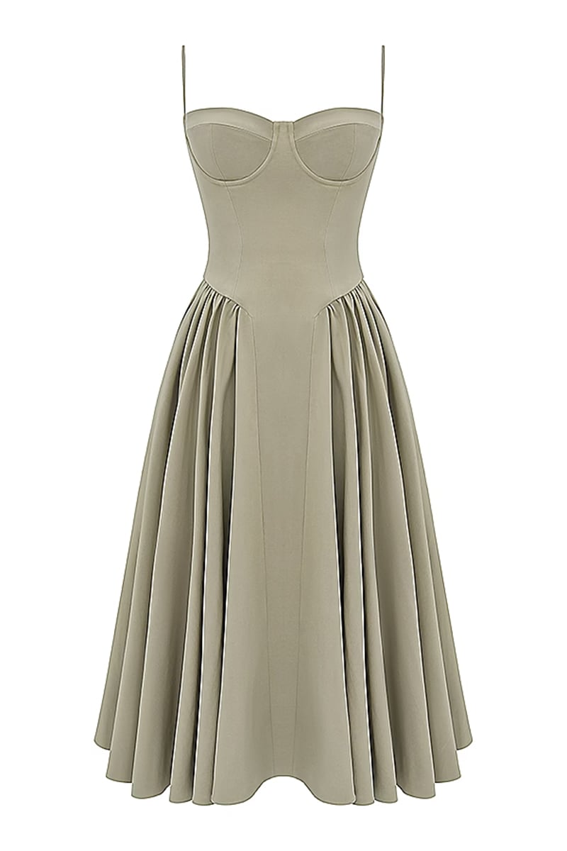 Daydreamer Taupe Bustier Midi Dress | Jewelclues