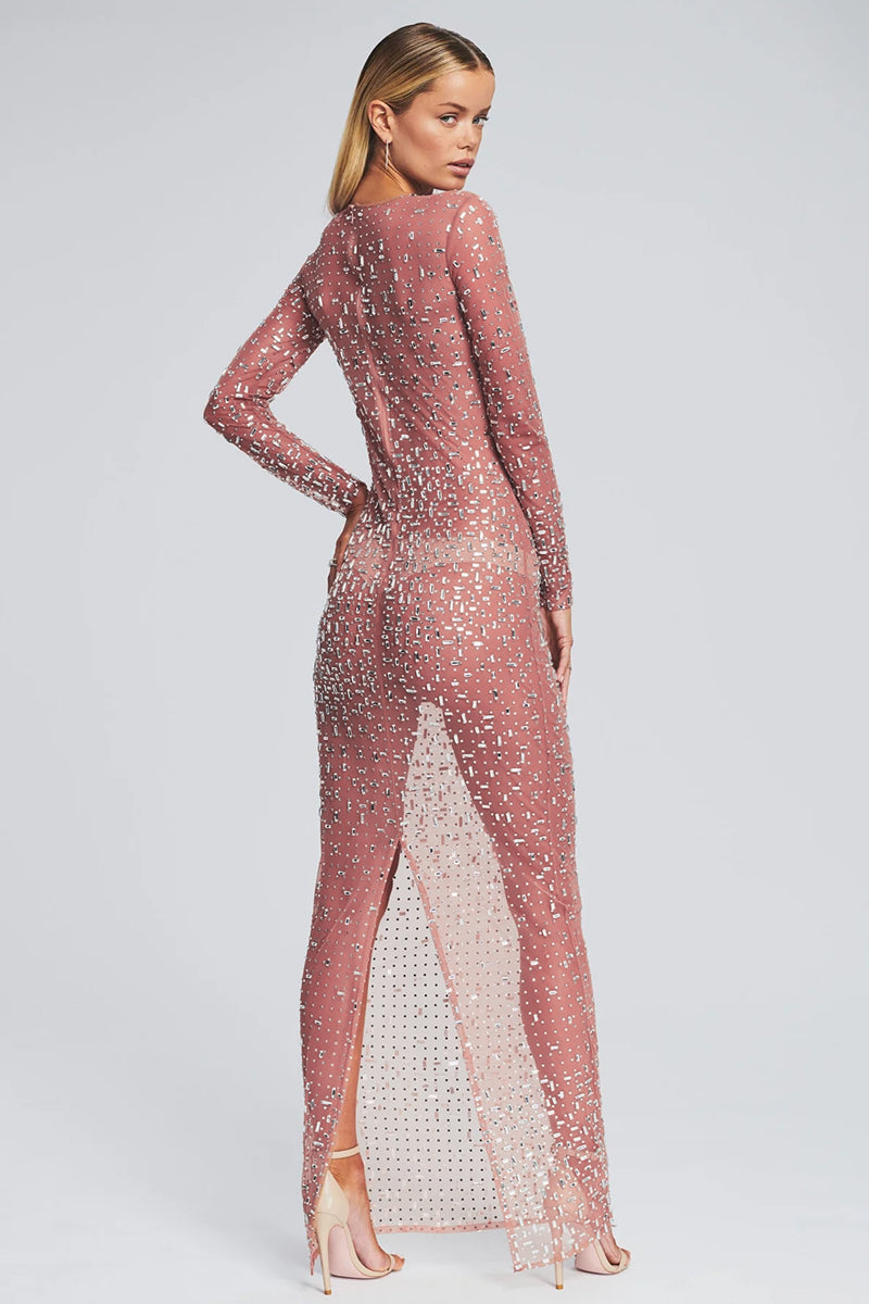 Color_Pink | Dazzled Up Crystal Embellished Sheer Maxi Dress | Jewelclues