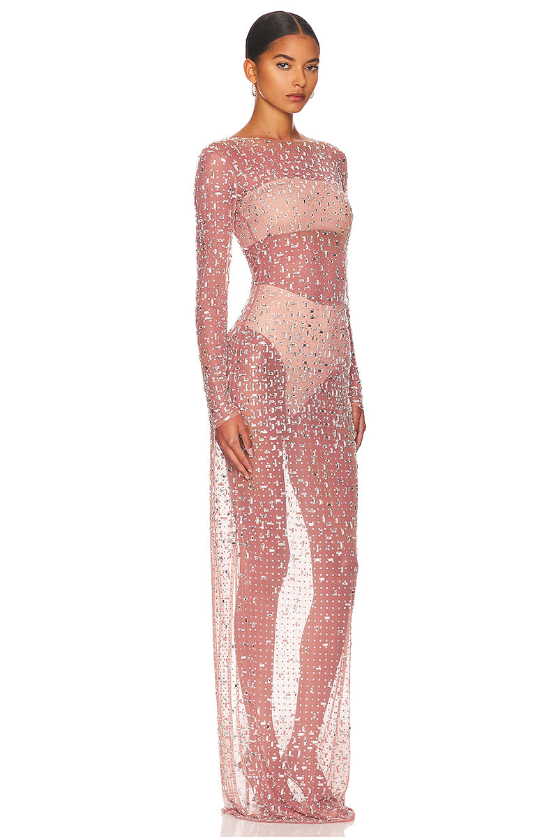 Color_Pink | Dazzled Up Crystal Embellished Sheer Maxi Dress | Jewelclues