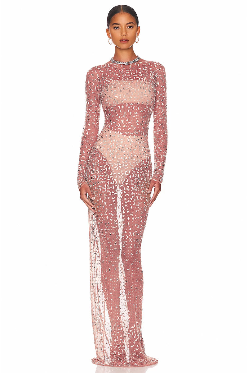 Dazzled Up Crystal Embellished Sheer Maxi Dress | Jewelclues #color_pink
