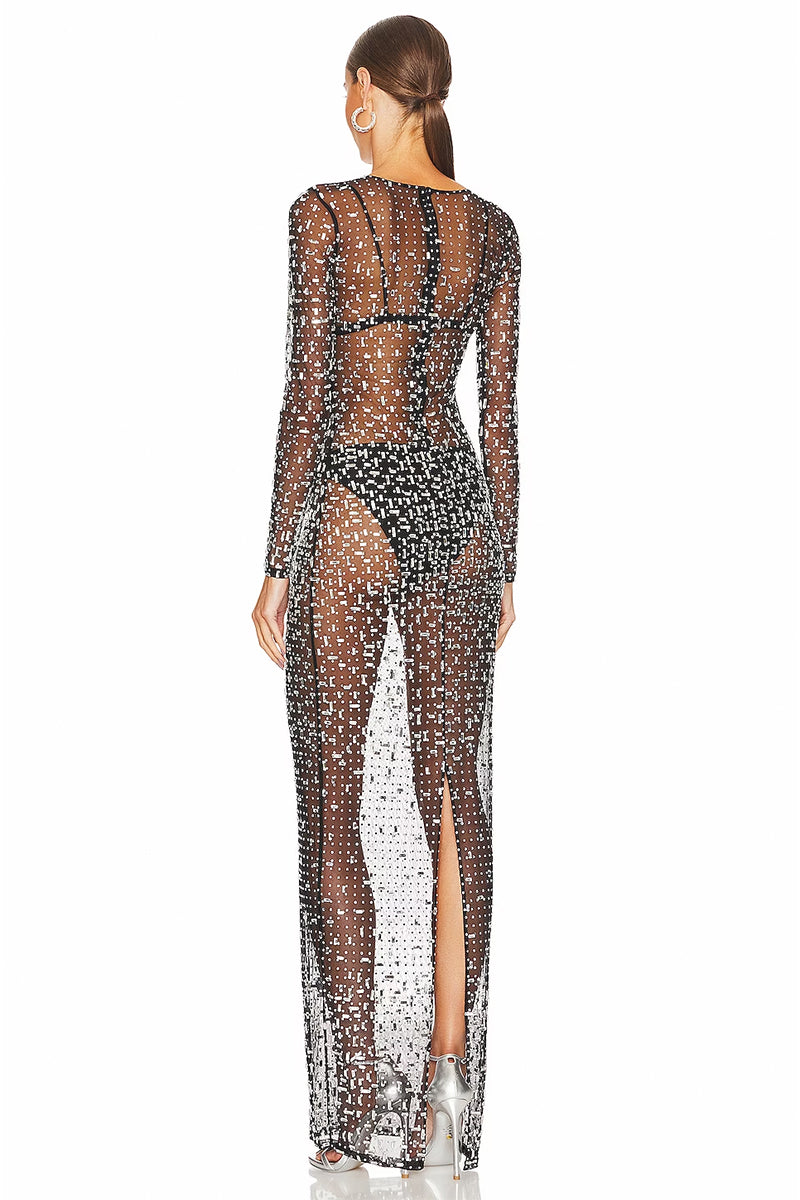 Color_Black | Dazzled Up Crystal Embellished Sheer Maxi Dress | Jewelclues