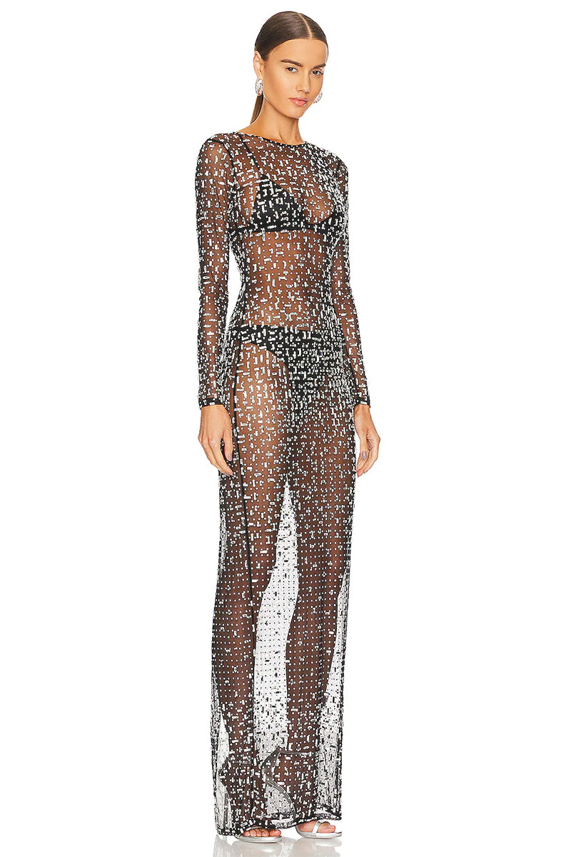 Color_Black | Dazzled Up Crystal Embellished Sheer Maxi Dress | Jewelclues