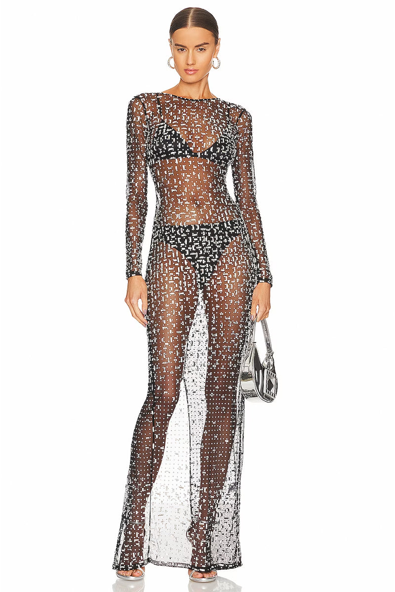 Color_Black | Dazzled Up Crystal Embellished Sheer Maxi Dress | Jewelclues