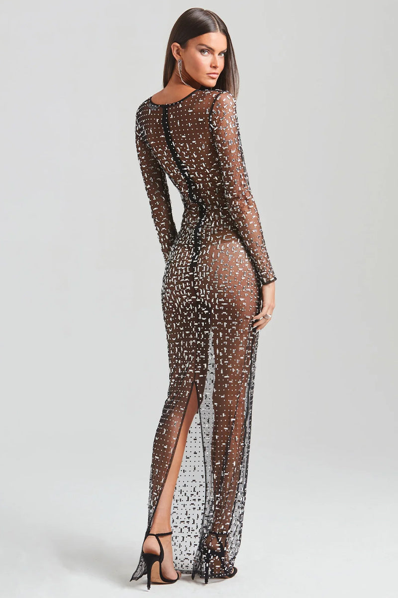 Dazzled Up Crystal Embellished Sheer Maxi Dress | Jewelclues #color_black