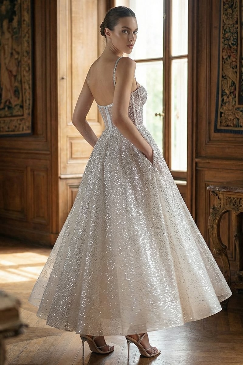 Dazzling Moi Glitter Sleeveless Midi Dress | Jewelclues | #color_white