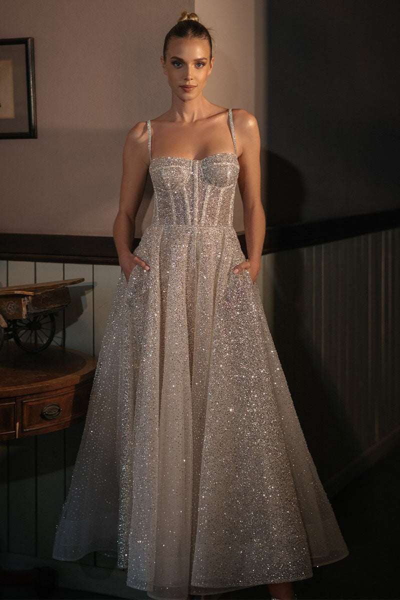 Dazzling Moi Glitter Sleeveless Midi Dress | Jewelclues | #color_champagne