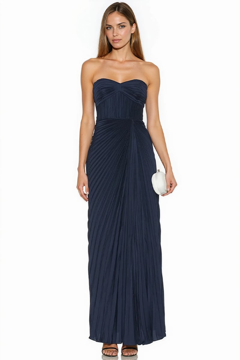 Divina Pleated Strapless Gown | Jewelclues #color_navy blue