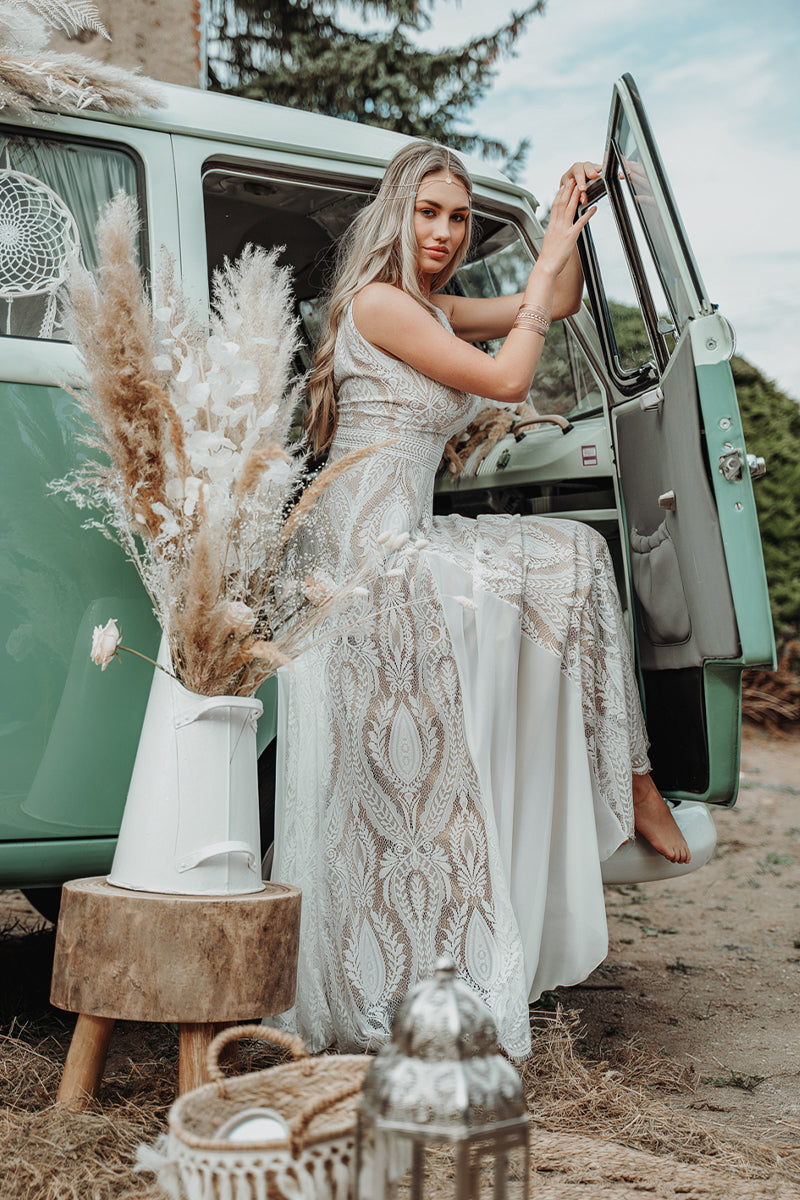 Divine Lace Bohemian A-line Wedding Dress | Jewelclues