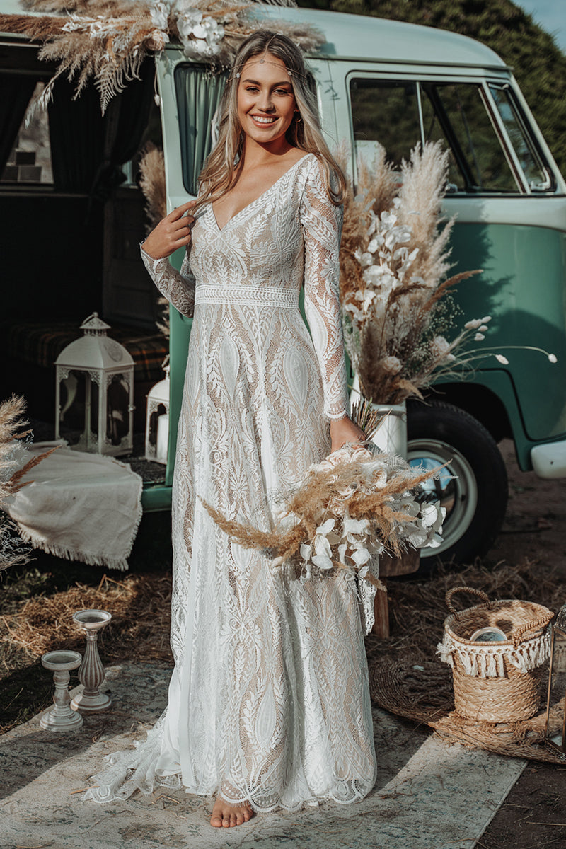 Divine Lace Bohemian A-line Wedding Dress | Jewelclues