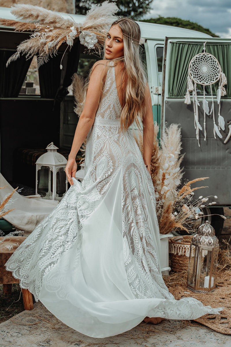 Divine Lace Bohemian A-line Wedding Dress | Jewelclues