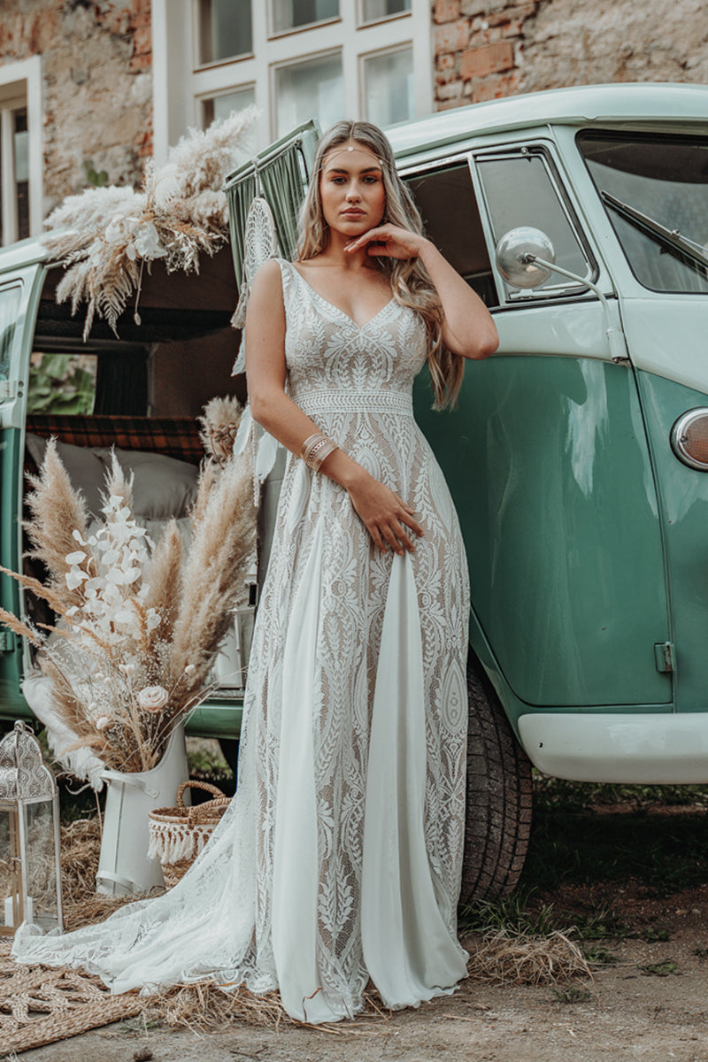Divine Lace Bohemian A-line Wedding Dress | Jewelclues