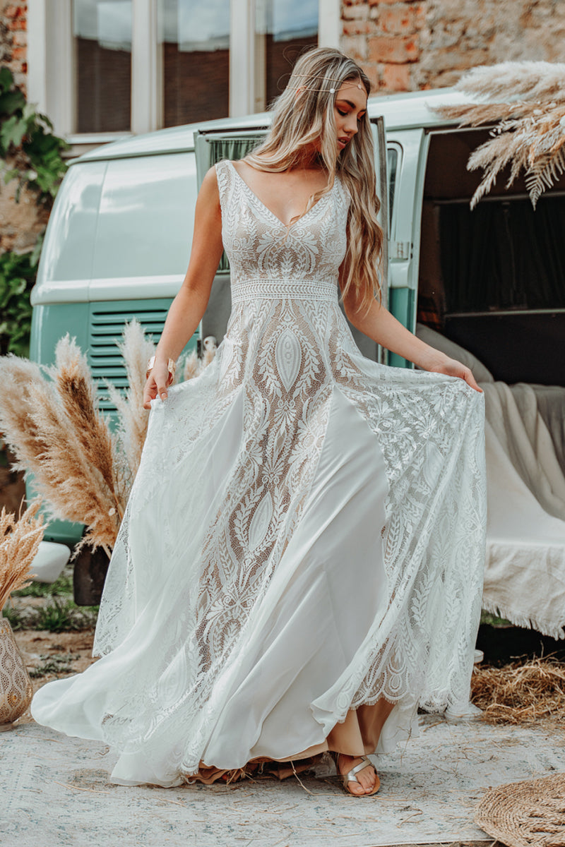 Divine Lace Bohemian A-line Wedding Dress | Jewelclues