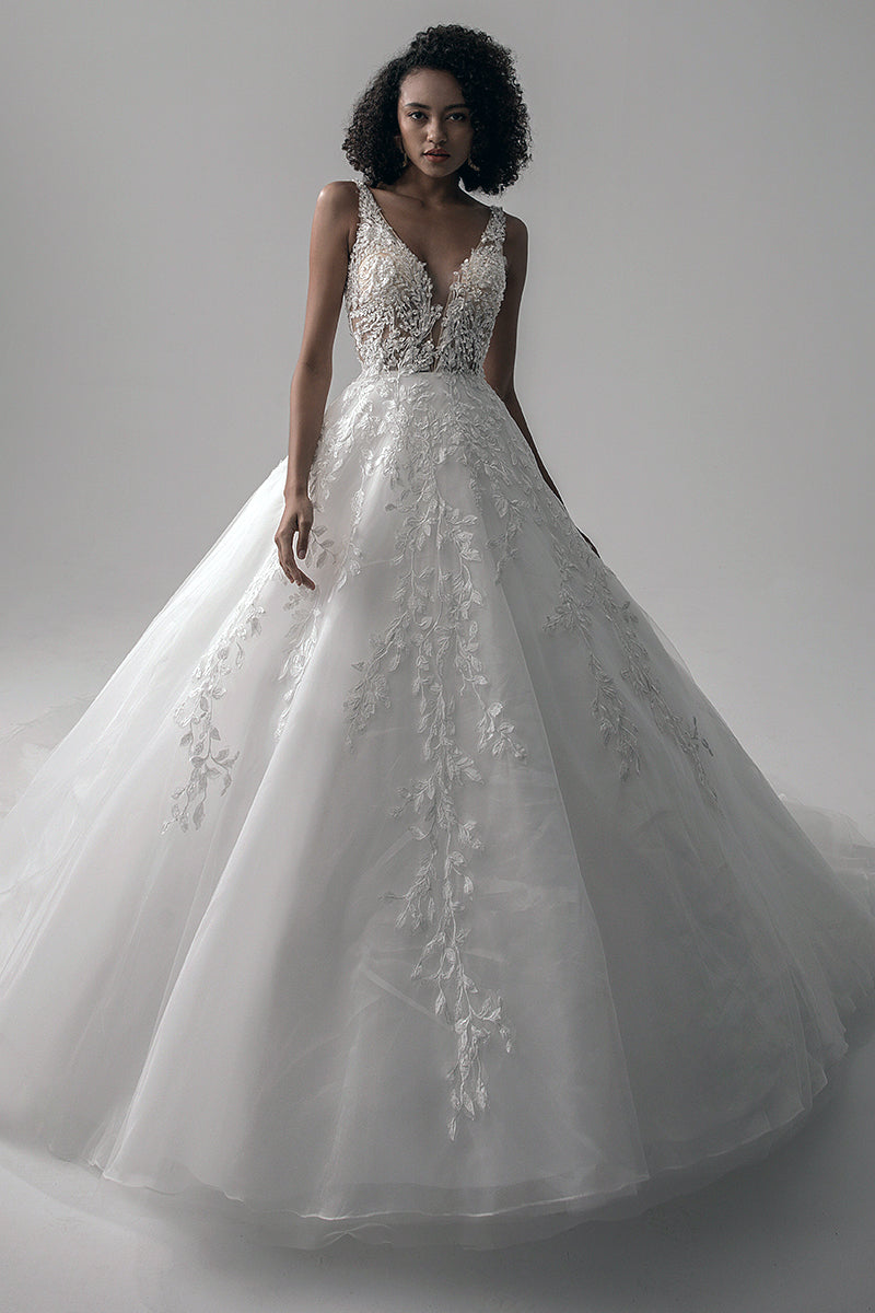 Dream Lace Applique Tulle A-Line Wedding Dress | Jewelclues #color_ivory