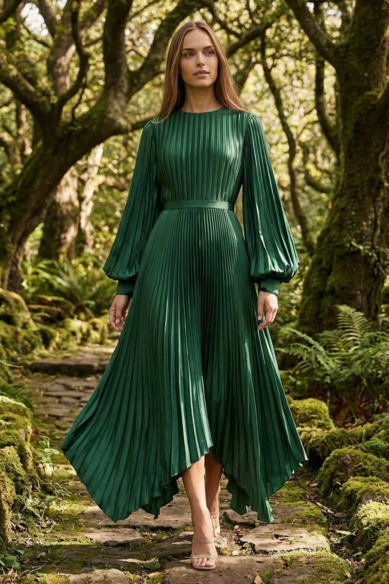Elaraine Pleated Tea-Length Dress | Jewelclues #color_emerald green