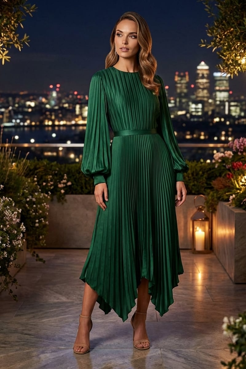 Elaraine Pleated Tea-Length Dress | Jewelclues #color_emerald green