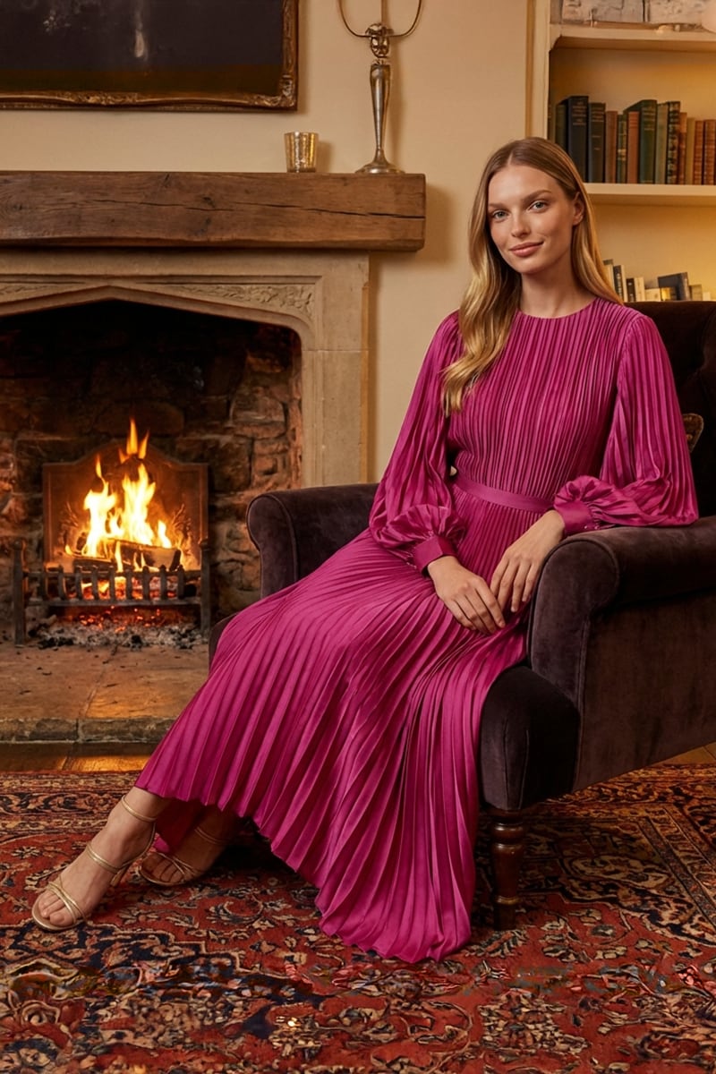 Elaraine Pleated Tea-Length Dress | Jewelclues #color_magenta