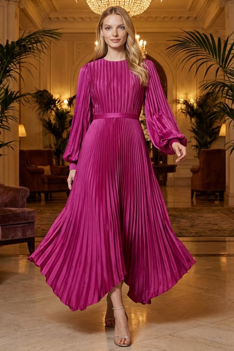 Elaraine Pleated Tea-Length Dress | Jewelclues #color_magenta