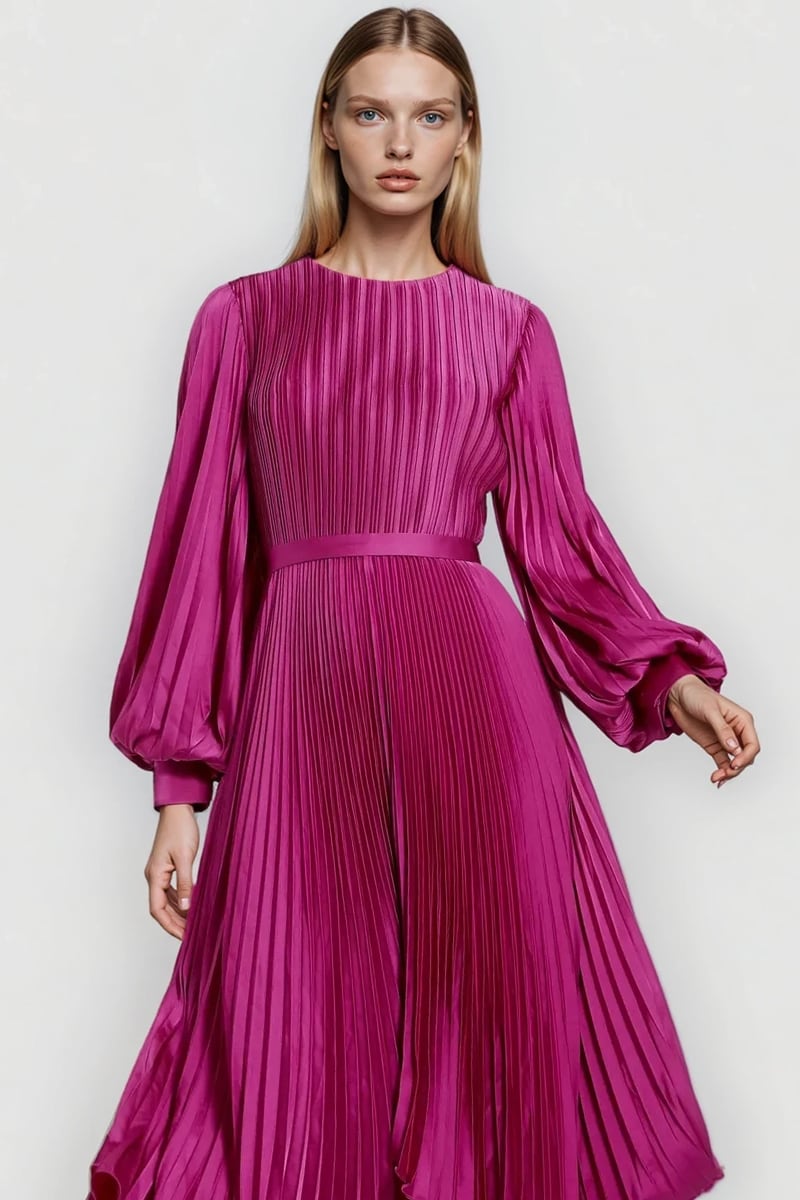 Elaraine Pleated Tea-Length Dress | Jewelclues #color_magenta