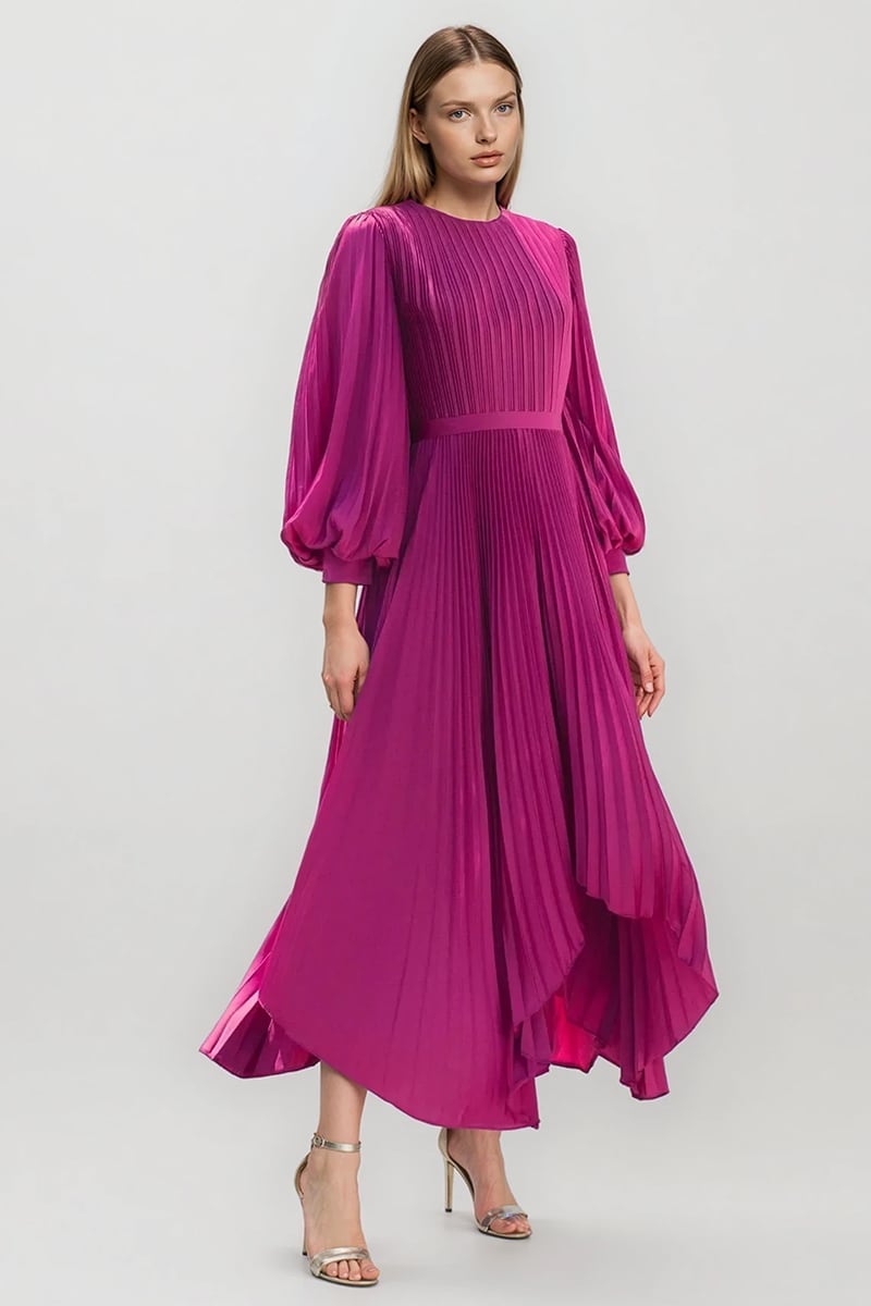 Elaraine Pleated Tea-Length Dress | Jewelclues #color_magenta