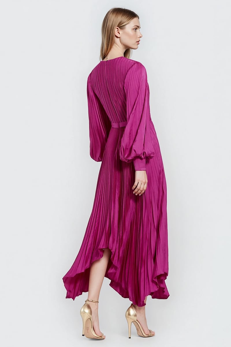 Elaraine Pleated Tea-Length Dress | Jewelclues #color_magenta