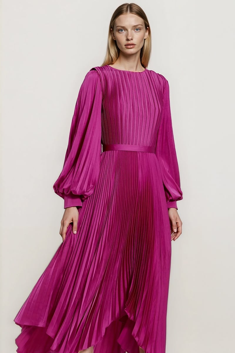 Elaraine Pleated Tea-Length Dress | Jewelclues #color_magenta