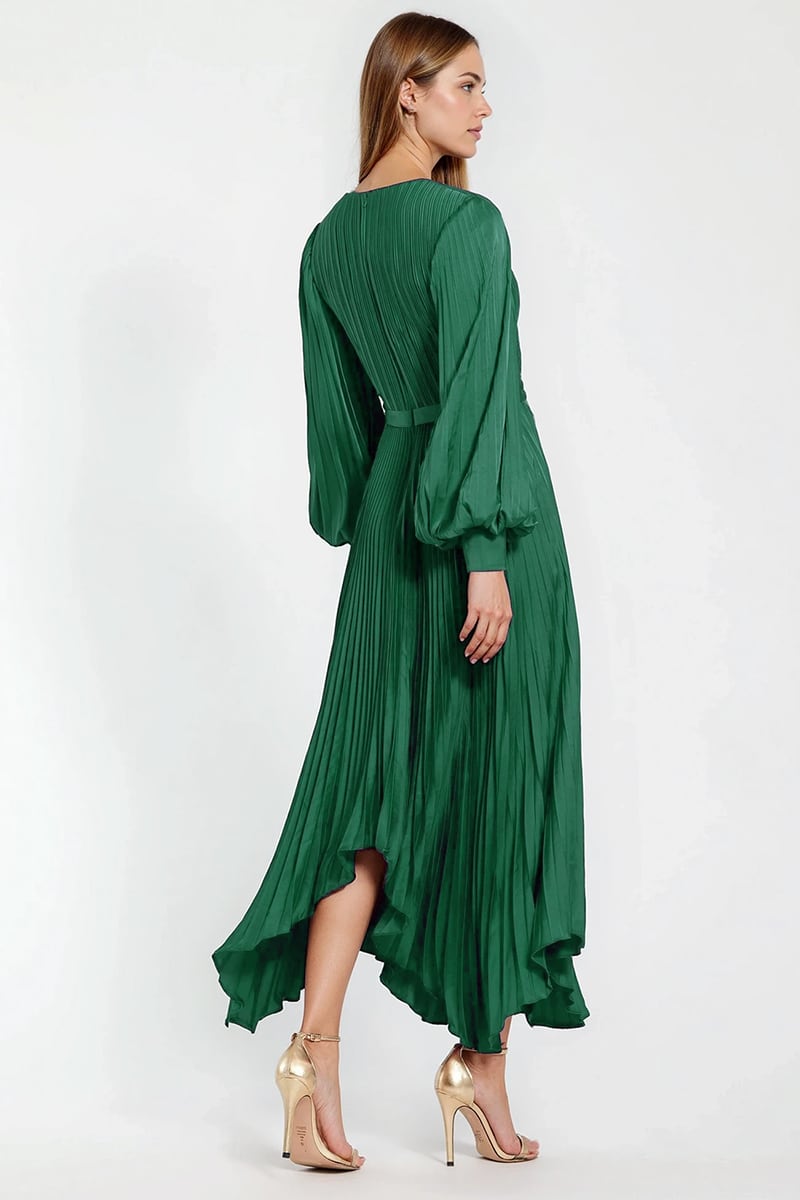Elaraine Pleated Tea-Length Dress | Jewelclues #color_emerald green