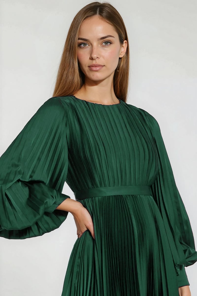 Elaraine Pleated Tea-Length Dress | Jewelclues #color_emerald green