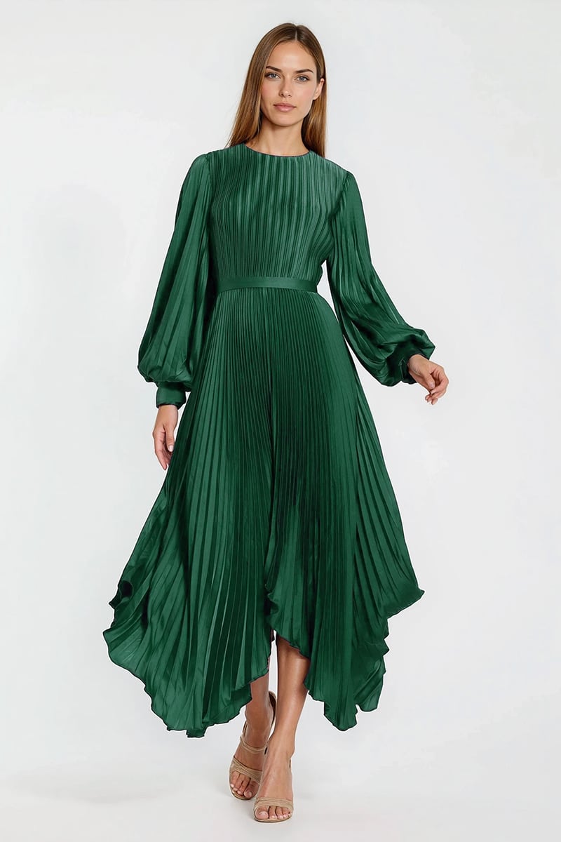 Elaraine Pleated Tea-Length Dress | Jewelclues #color_emerald green