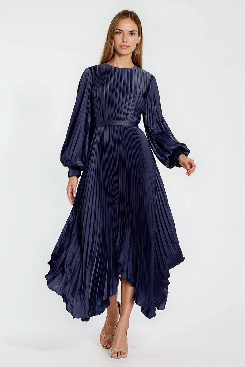 Elaraine Pleated Tea-Length Dress | Jewelclues #color_navy blue
