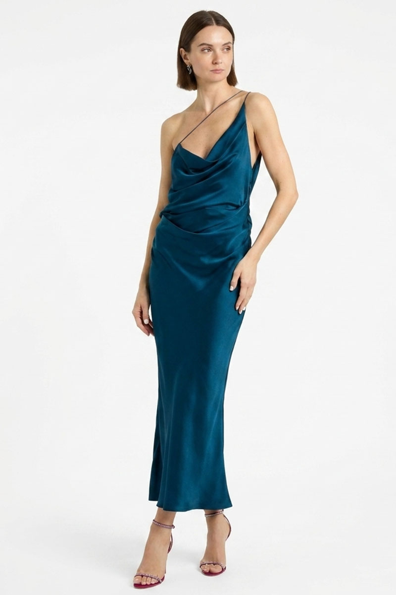 Elina Asymmetric Satin Midi Dress | JewelClues