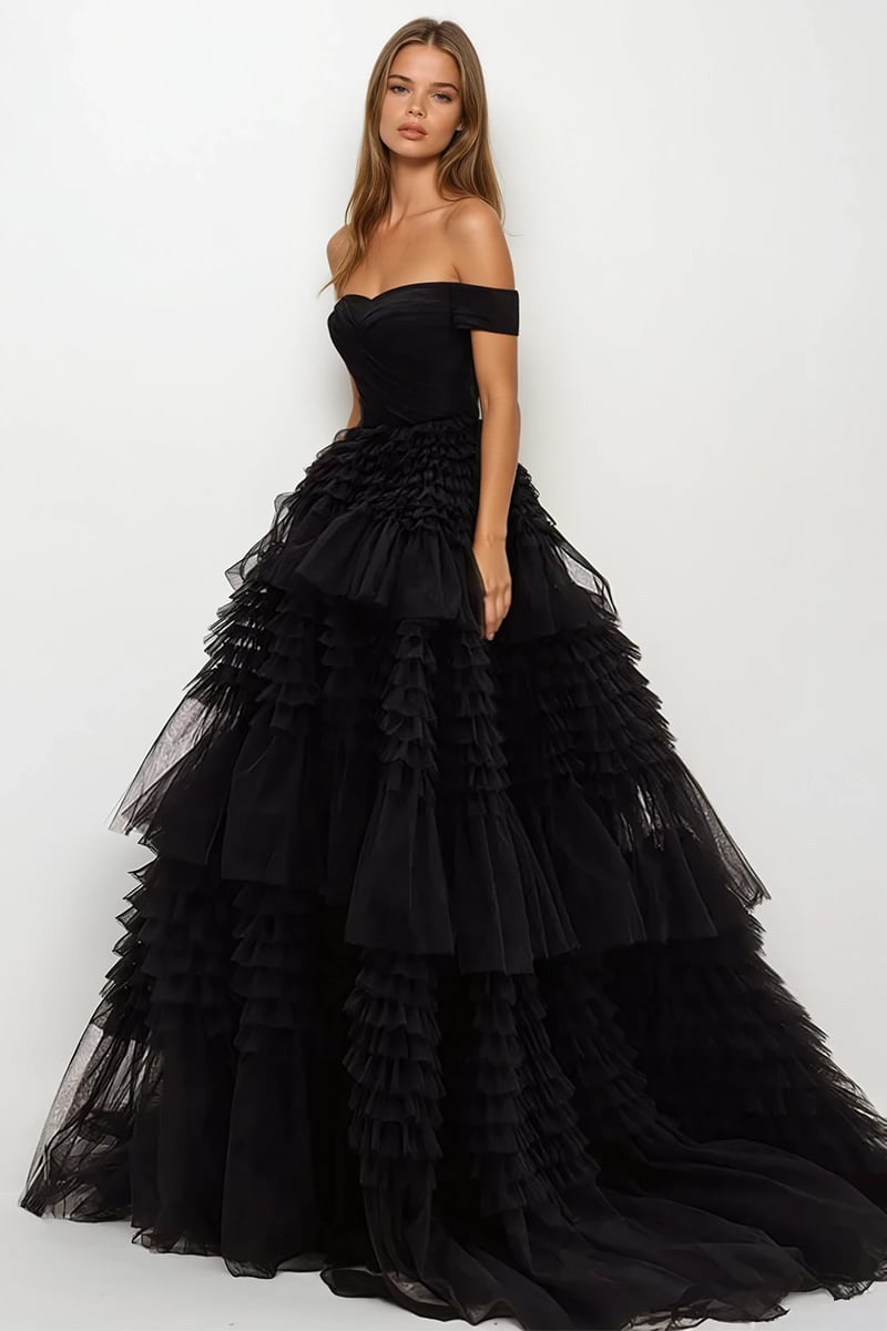 Elodie Frill-Layered Ball Gown | Jewelclues | #color_black