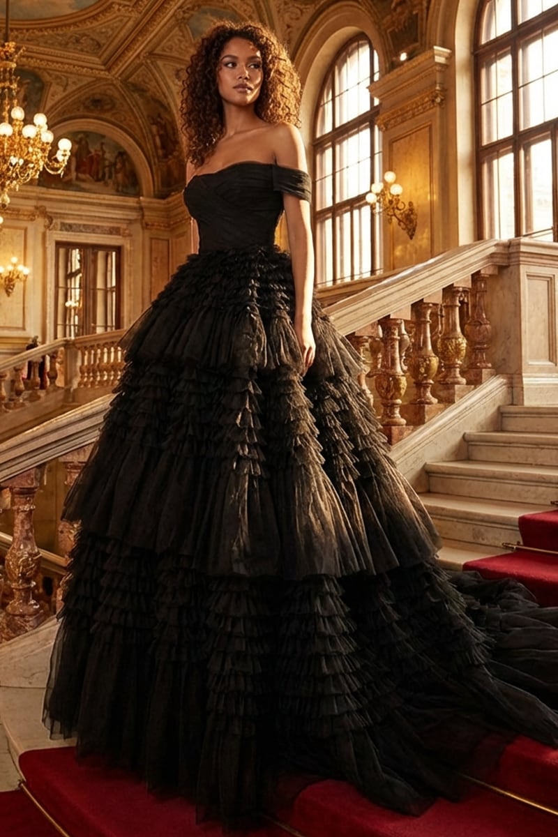 Elodie Frill-Layered Ball Gown | Jewelclues | #color_black