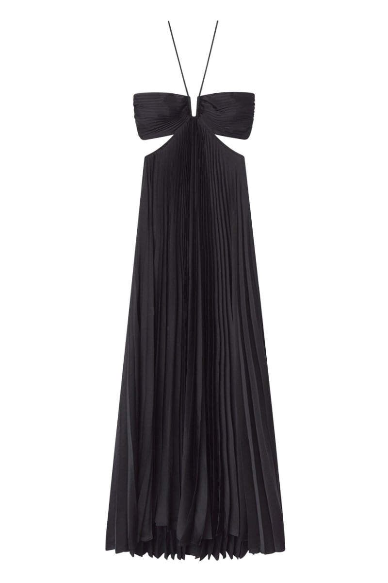 Elvira Pleated Satin Halter Maxi Dress | Jewelclues #color_black