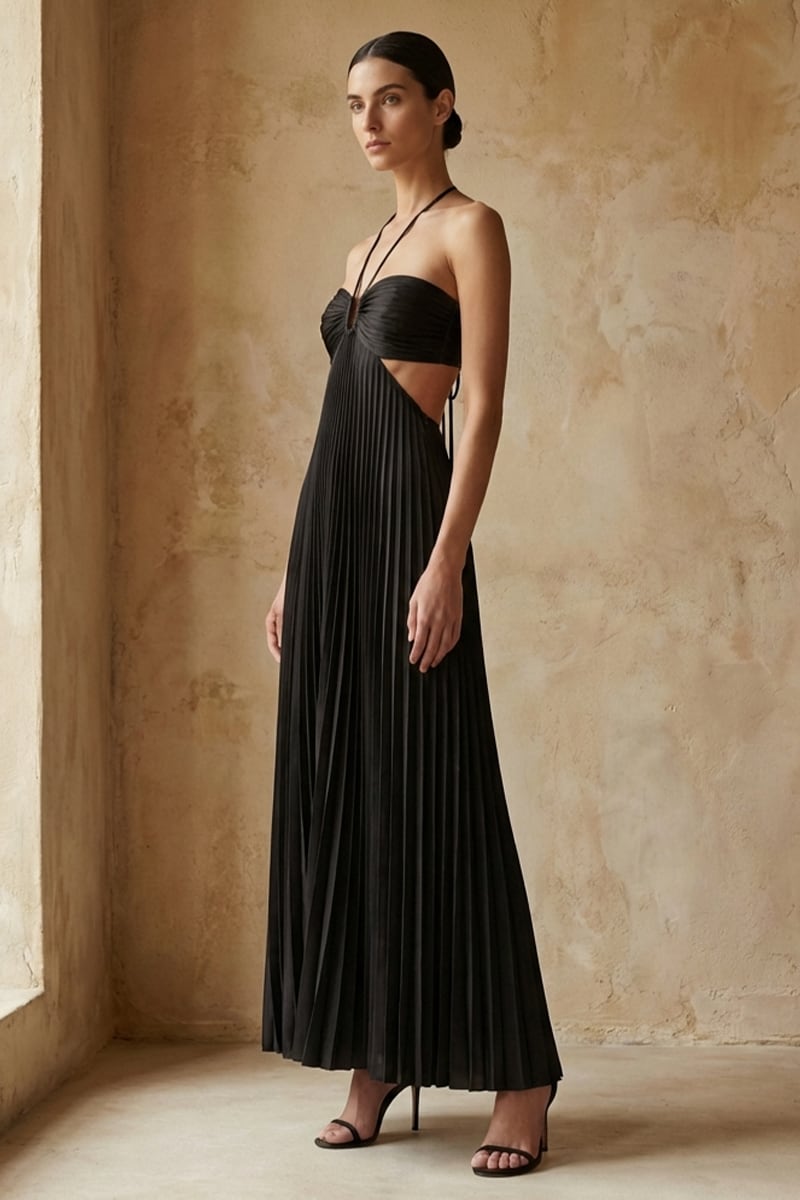 Elvira Pleated Satin Halter Maxi Dress | Jewelclues #color_black