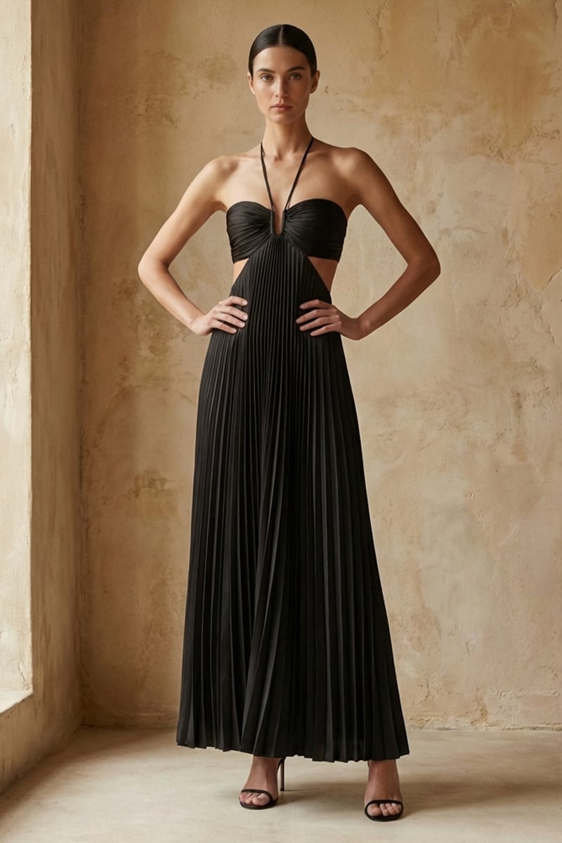 Elvira Pleated Satin Halter Maxi Dress | Jewelclues #color_black