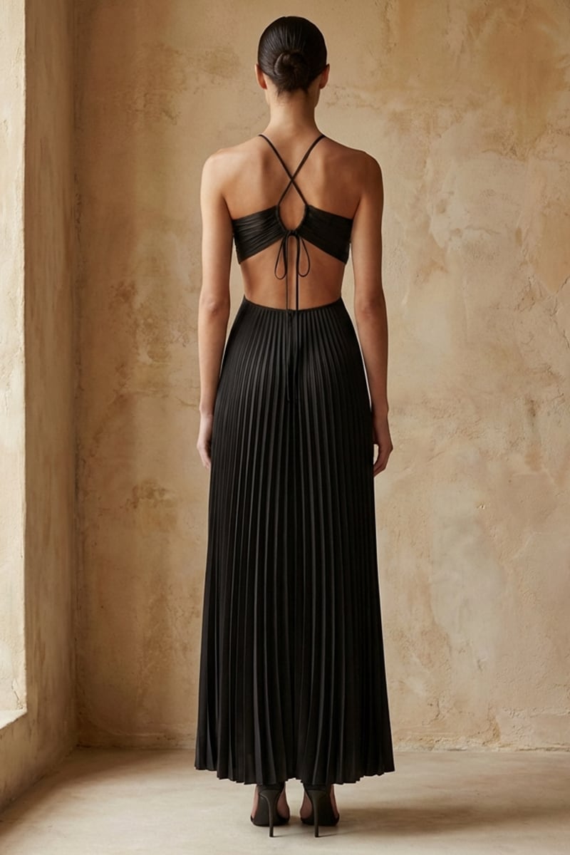 Elvira Pleated Satin Halter Maxi Dress | Jewelclues #color_black