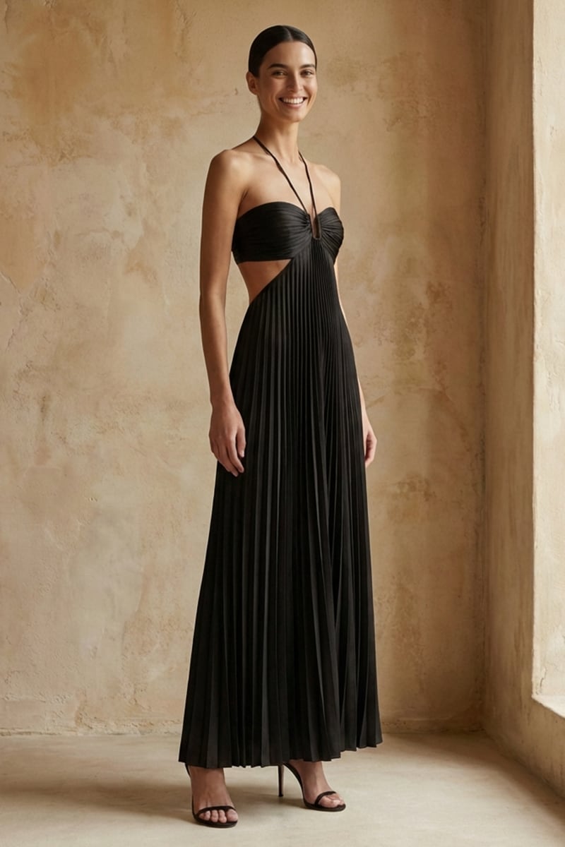 Elvira Pleated Satin Halter Maxi Dress | Jewelclues #color_black