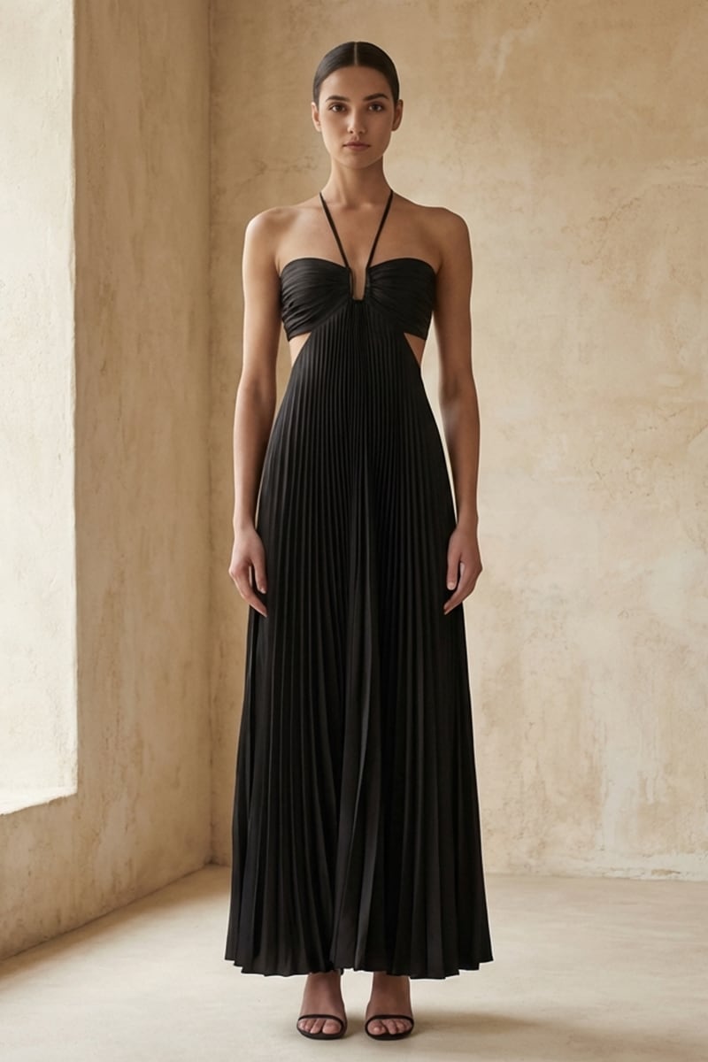 Elvira Pleated Satin Halter Maxi Dress | Jewelclues #color_black