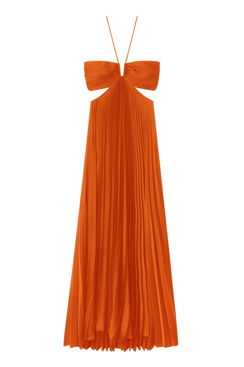 Elvira Pleated Satin Halter Maxi Dress | Jewelclues #color_orange