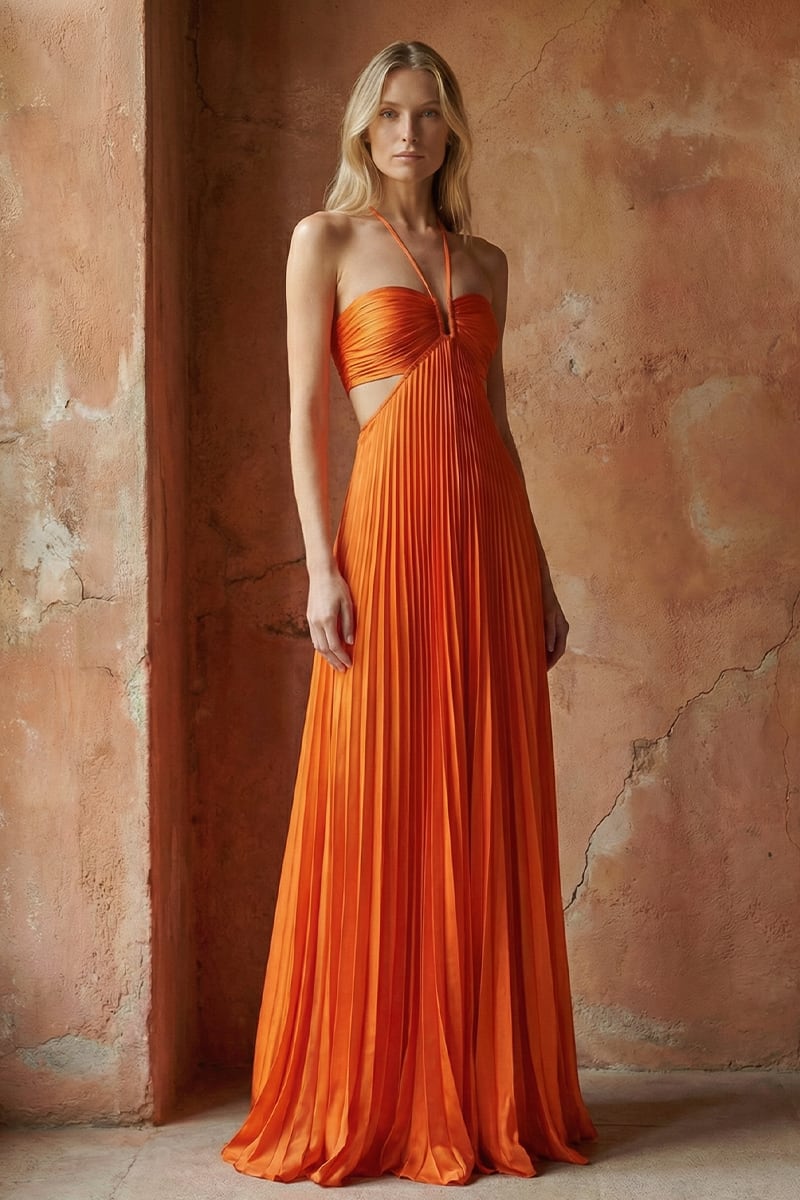 Elvira Pleated Satin Halter Maxi Dress | Jewelclues #color_orange