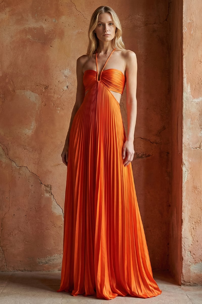 Elvira Pleated Satin Halter Maxi Dress | Jewelclues #color_orange