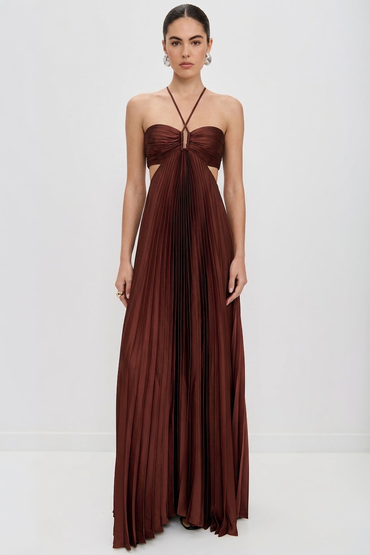 Elvira Pleated Satin Halter Maxi Dress | JewelClues #color_rust
