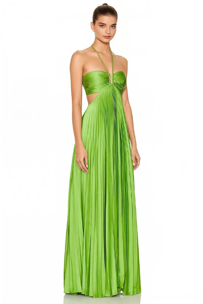 Elvira Pleated Satin Halter Maxi Dress | Jewelclues #color_lime green